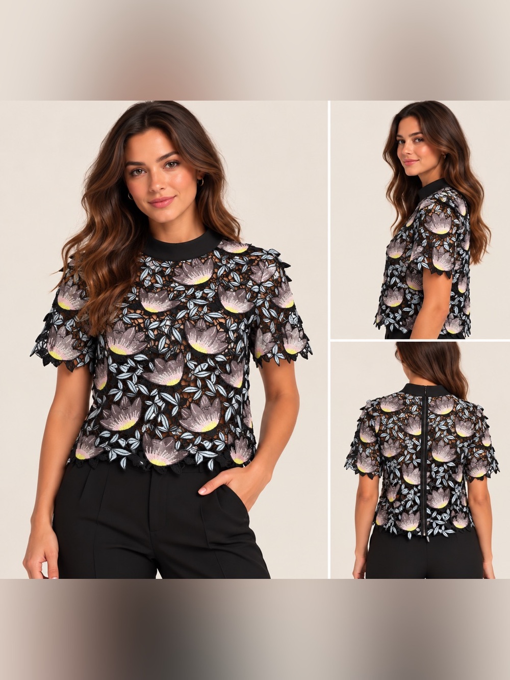 Self-Portrait Floral Embroidered Lace Blouse Black US 6